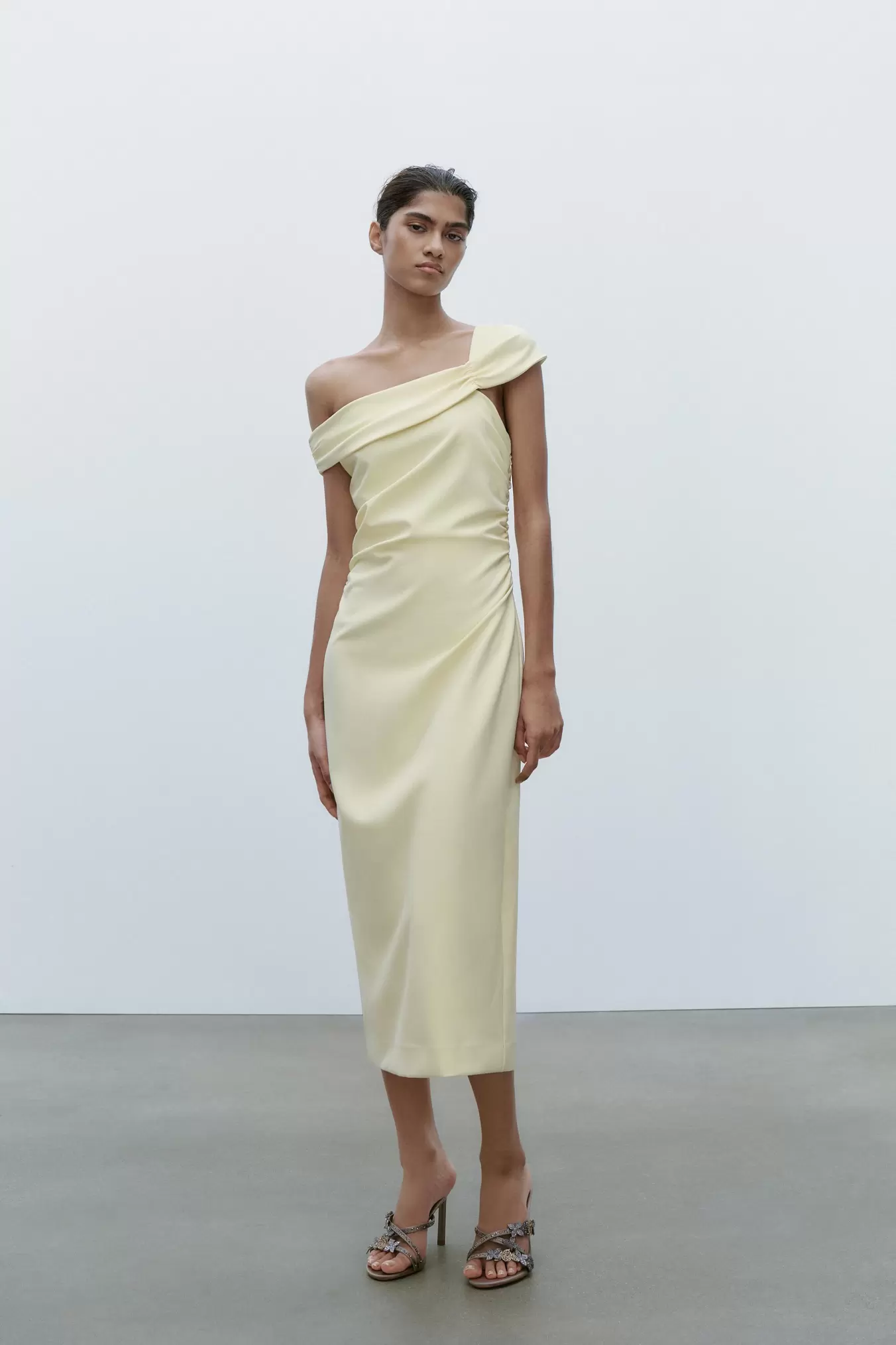 ASYMMETRIC MIDI DRESS WITH GATHERS offers at 199 Dhs in Zara