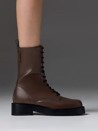 Lace-Up Calf Boots               - dark brown offers at 450 Dhs in Charles & Keith