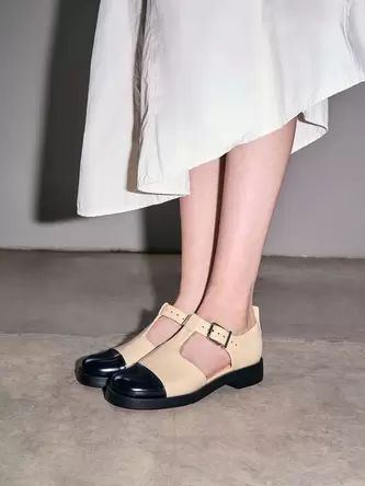 Charly Two-Tone T-Bar Buckled Sandals  - beige offers at 300 Dhs in Charles & Keith