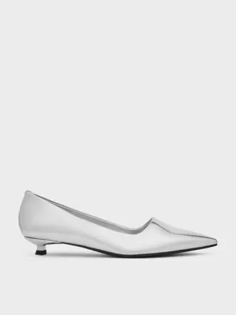 Metallic Pointed-Toe Kitten-Heel Pumps  - silver offers at 225 Dhs in Charles & Keith