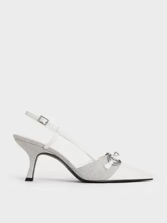 Woven Fabric Metallic-Accent Slant-Heel Slingback Pumps  - light grey offers at 300 Dhs in Charles & Keith