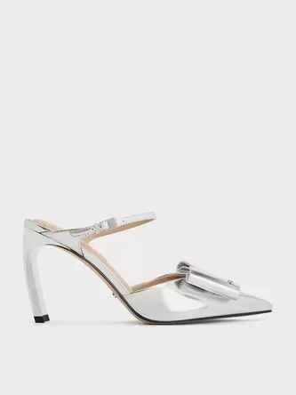 Lu Metallic Leather Bow Blade-Heel Mules  - silver offers at 425 Dhs in Charles & Keith