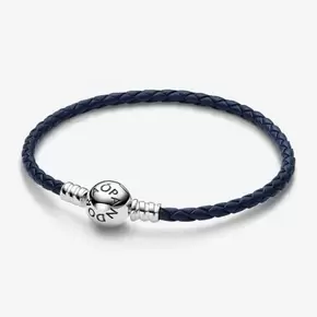 Pandora Moments Round Clasp Blue Braided Leather Bracelet offers at 245 Dhs in Pandora